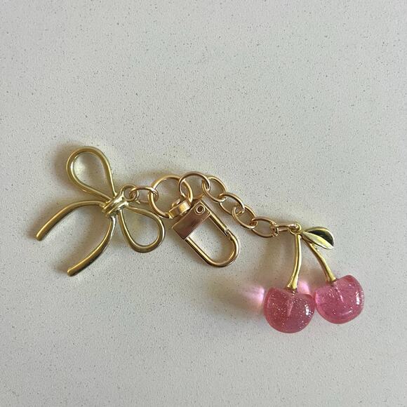 CHOOSE ONE: Pink or Clear Cherry Glitter Key Chain - Bag Charm, Gold Hardware - Picture 3 of 4